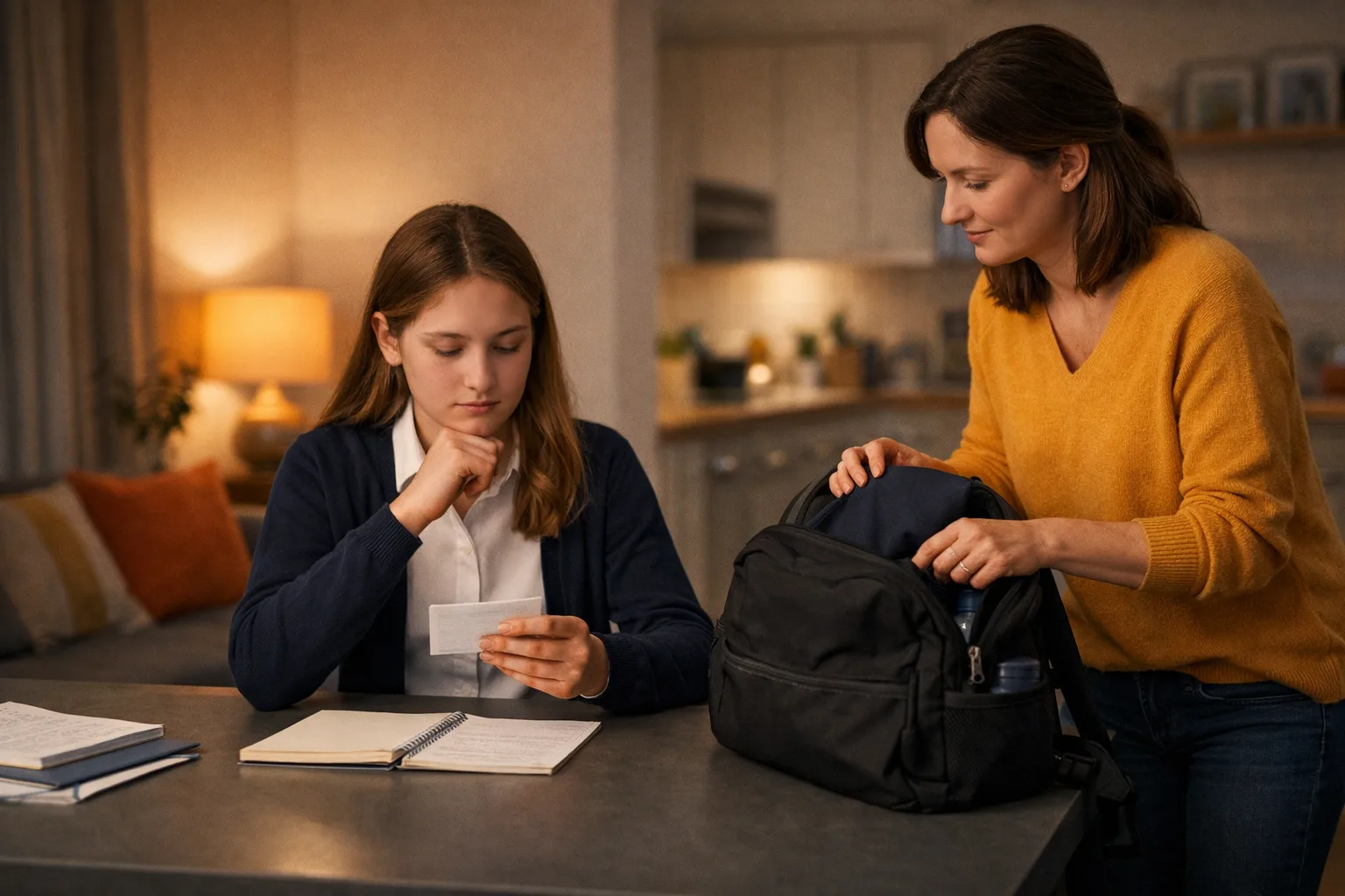 A teenager calmly ends a short revision session at home the night before an exam while a parent discreetly helps prepare for the next day.