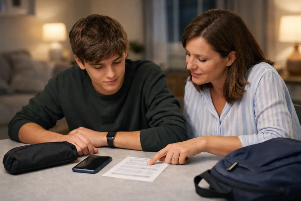 A parent and a teenager calmly check the next day's materials and timing on the night before an exam.