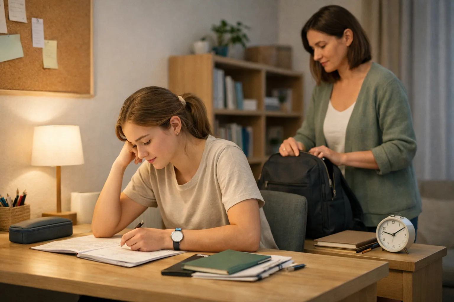 Un adolescent termine calmement une courte révision à la maison la veille d’un examen pendant qu’un parent l’aide discrètement à préparer le lendemain.