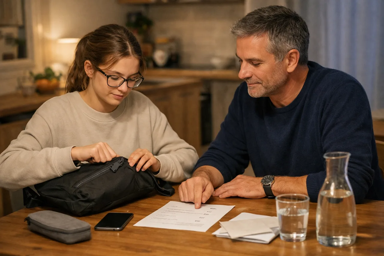 Un parent et un adolescent vérifient calmement le matériel et l’horaire du lendemain la veille d’un examen.