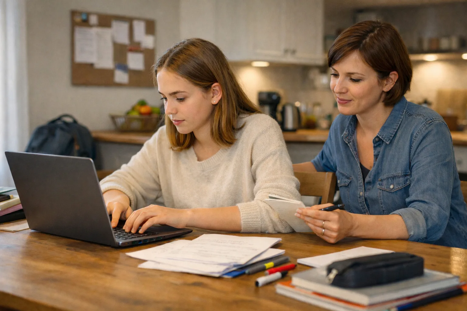 Un élève de 3e prépare un mail de demande de stage à la table familiale pendant qu’un parent l’aide à trier ses idées sans écrire à sa place.