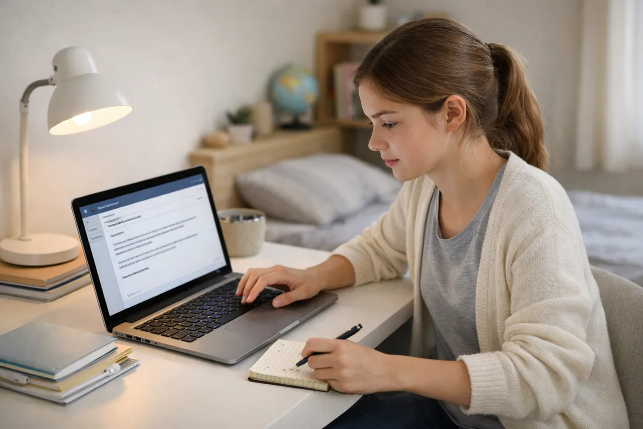 Un élève de 3e relit sur son ordinateur un mail de demande de stage avec quelques notes à côté.