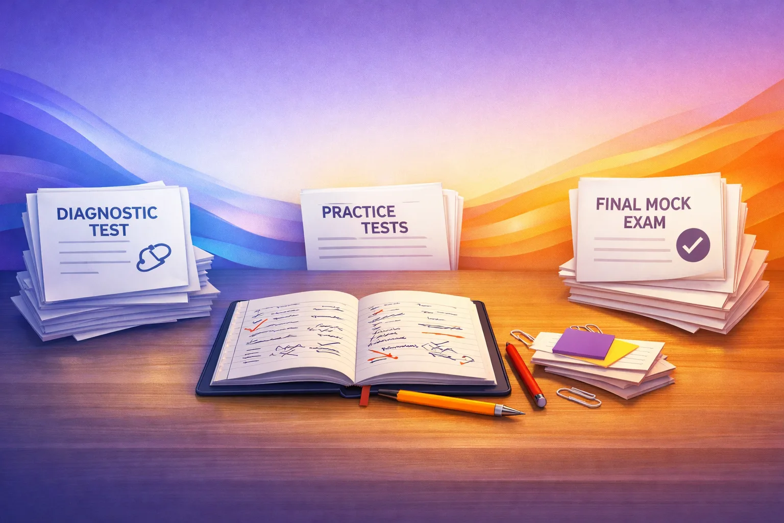 Concept illustration of three mock tests spaced across a preparation timeline around an error notebook and revision tools.