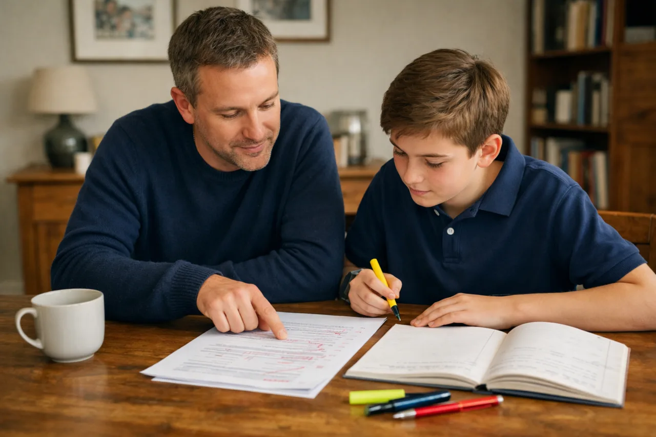 Parent and teenager reviewing a marked mock paper together at a table with an error notebook.