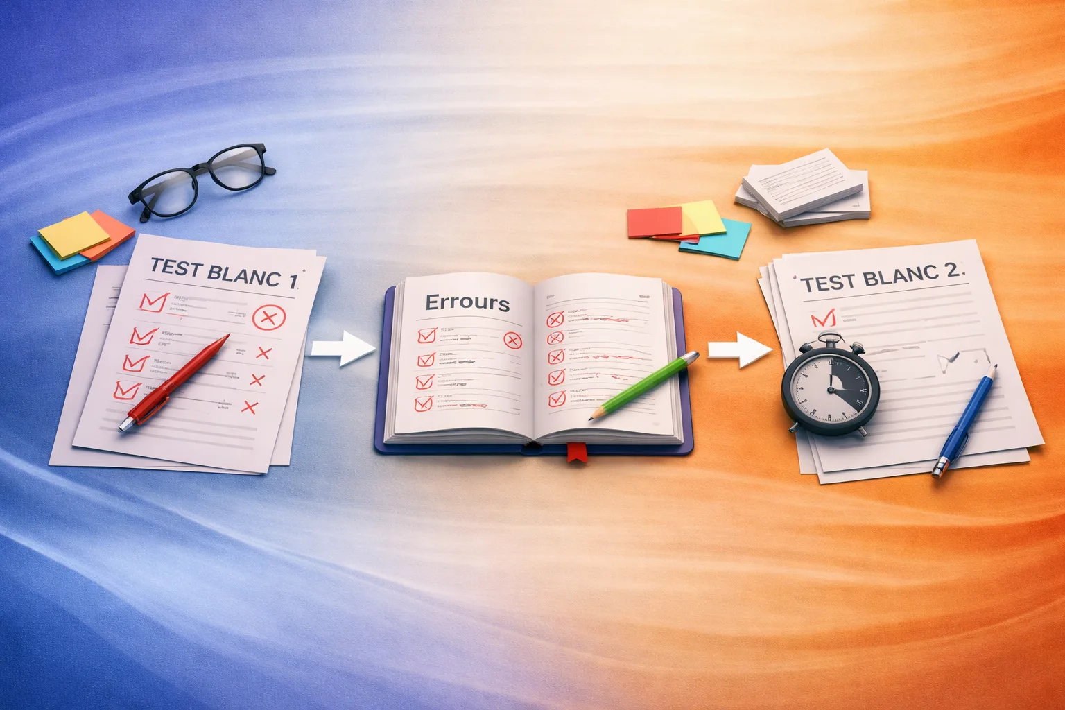 Illustration conceptuelle de trois tests blancs répartis dans le temps autour d’un carnet d’erreurs et d’outils de révision.