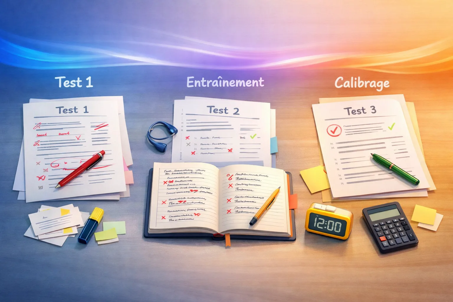 Illustration conceptuelle de trois tests blancs répartis dans le temps autour d’un carnet d’erreurs et d’outils de révision.