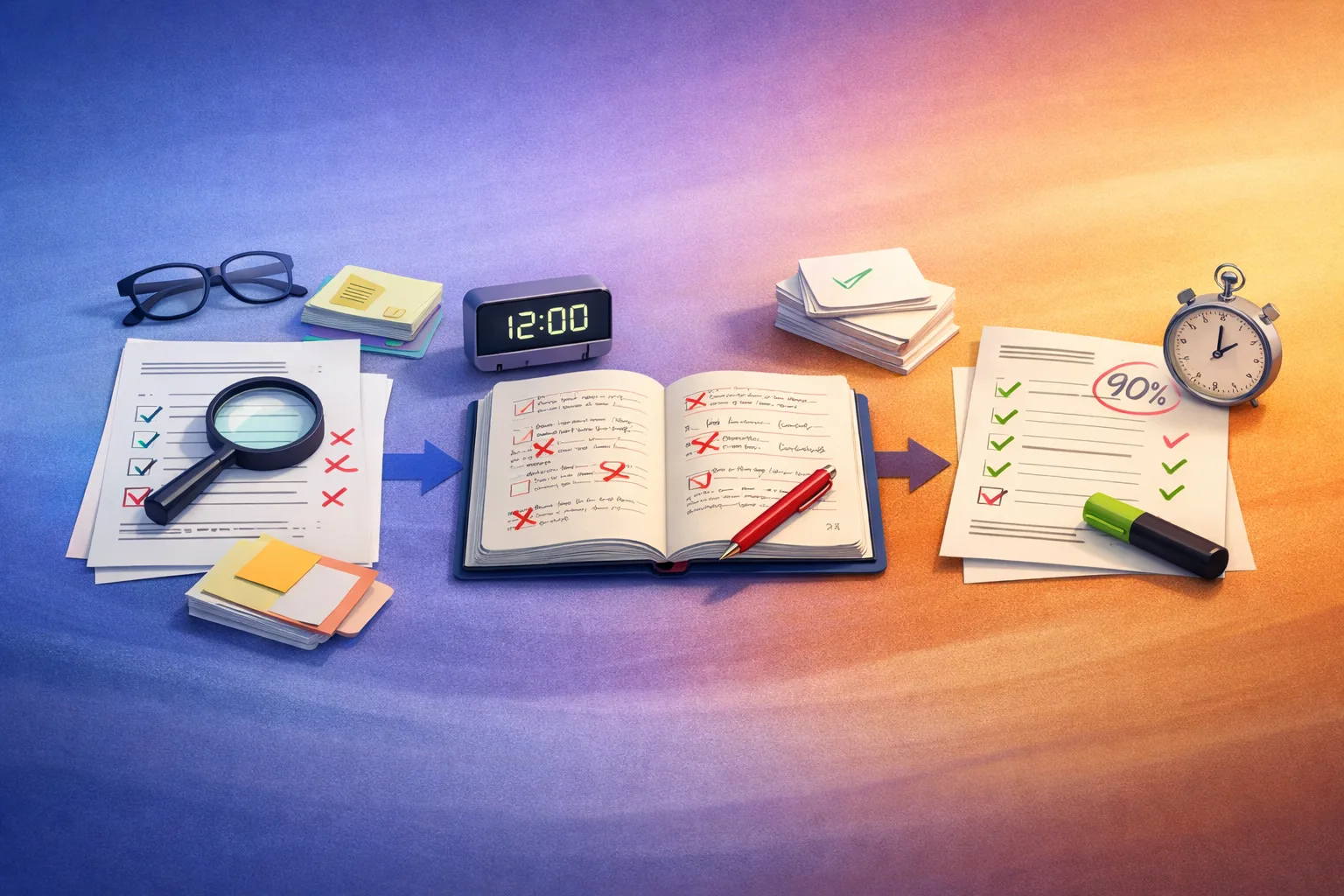 Konzeptuelle Illustration mit drei über die Vorbereitungszeit verteilten Probetests, einem offenen Fehlerheft, Lernkarten und einem dezenten digitalen Countdown-Timer.