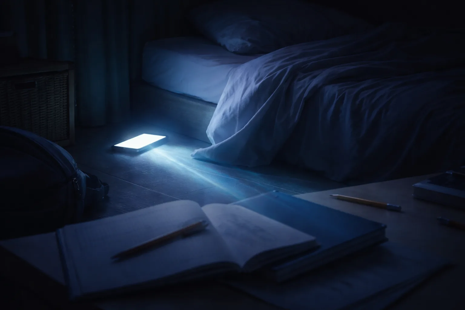 Dans une chambre sombre, la lumière d’un smartphone posé près du lit atteint des cahiers scolaires, comme si l’école débordait dans l’espace du repos.