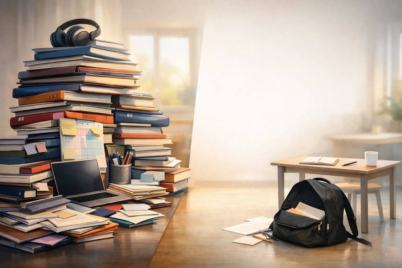 Métaphore visuelle montrant une aide scolaire très lourde face à un problème plus simple d’organisation et de révision.