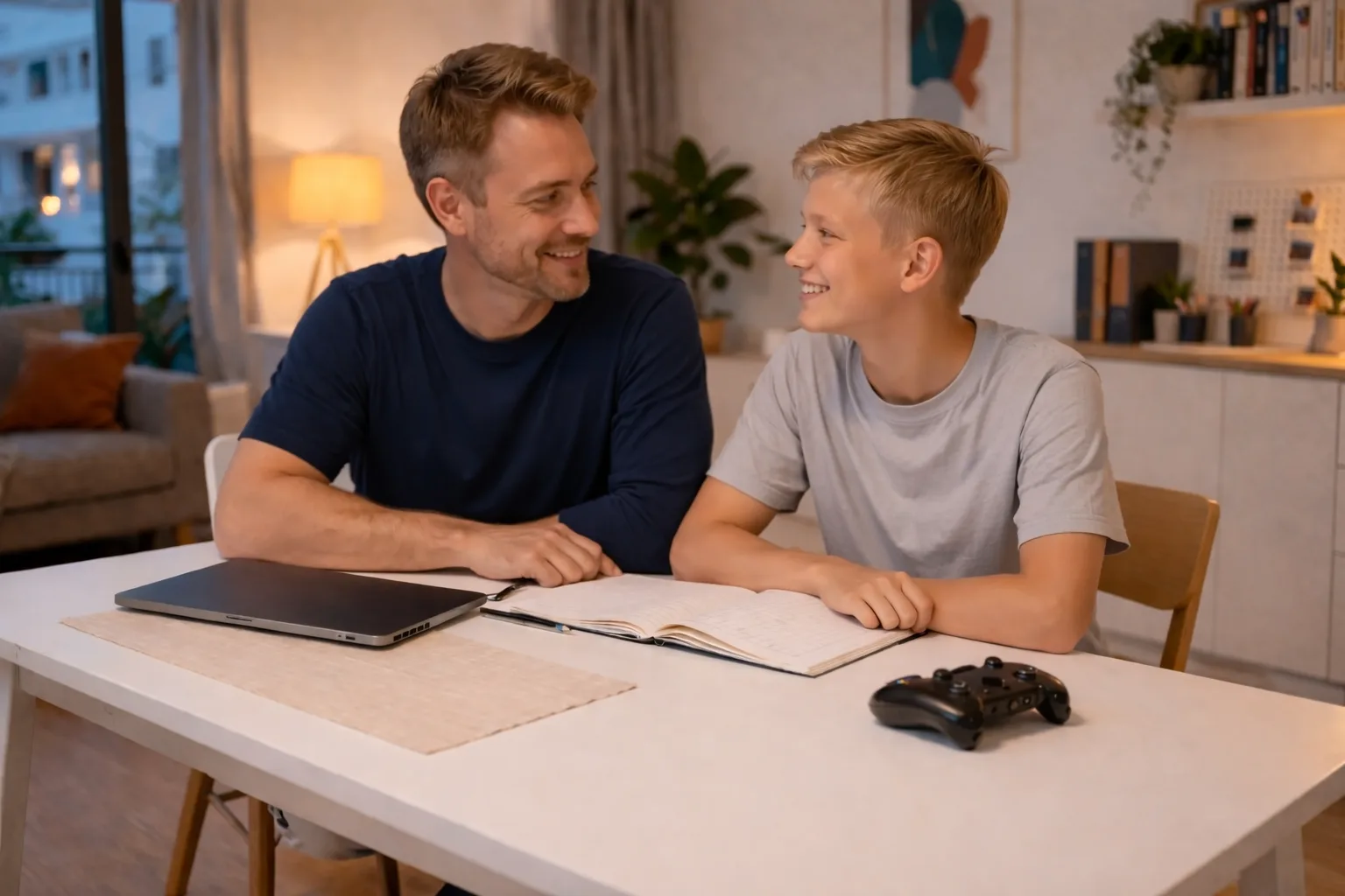 Ein Elternteil und ein Jugendlicher sitzen abends ruhig an einem Tisch mit offenem Heft und Game-Controller.