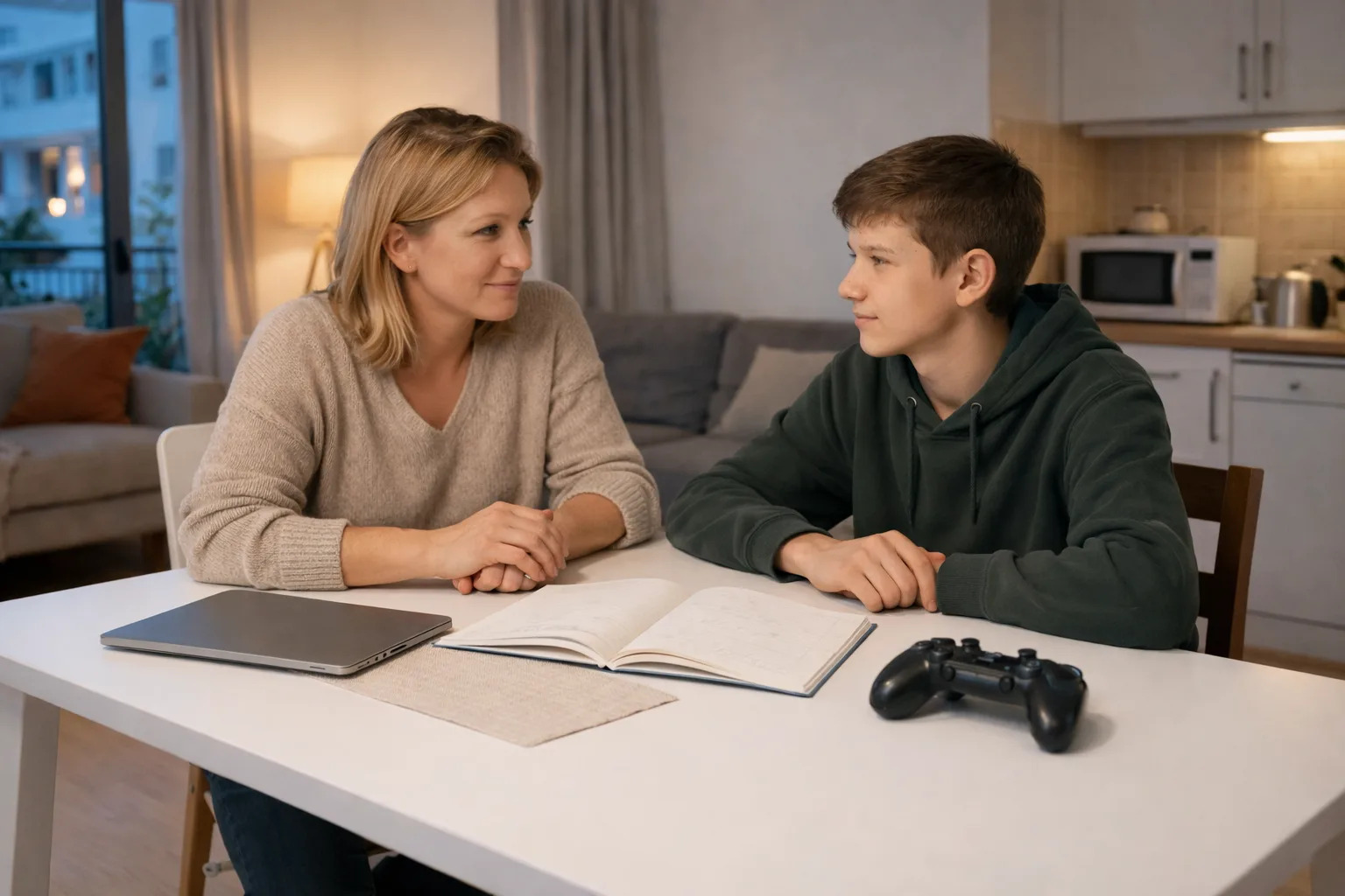 A parent and teenager talk calmly at a dining table at home, with an open exercise book and a games controller beside it.