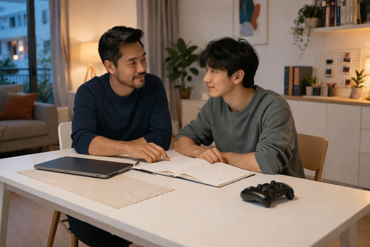 Un parent et un adolescent discutent calmement à une table de maison, avec un cahier ouvert et une manette posée à côté.