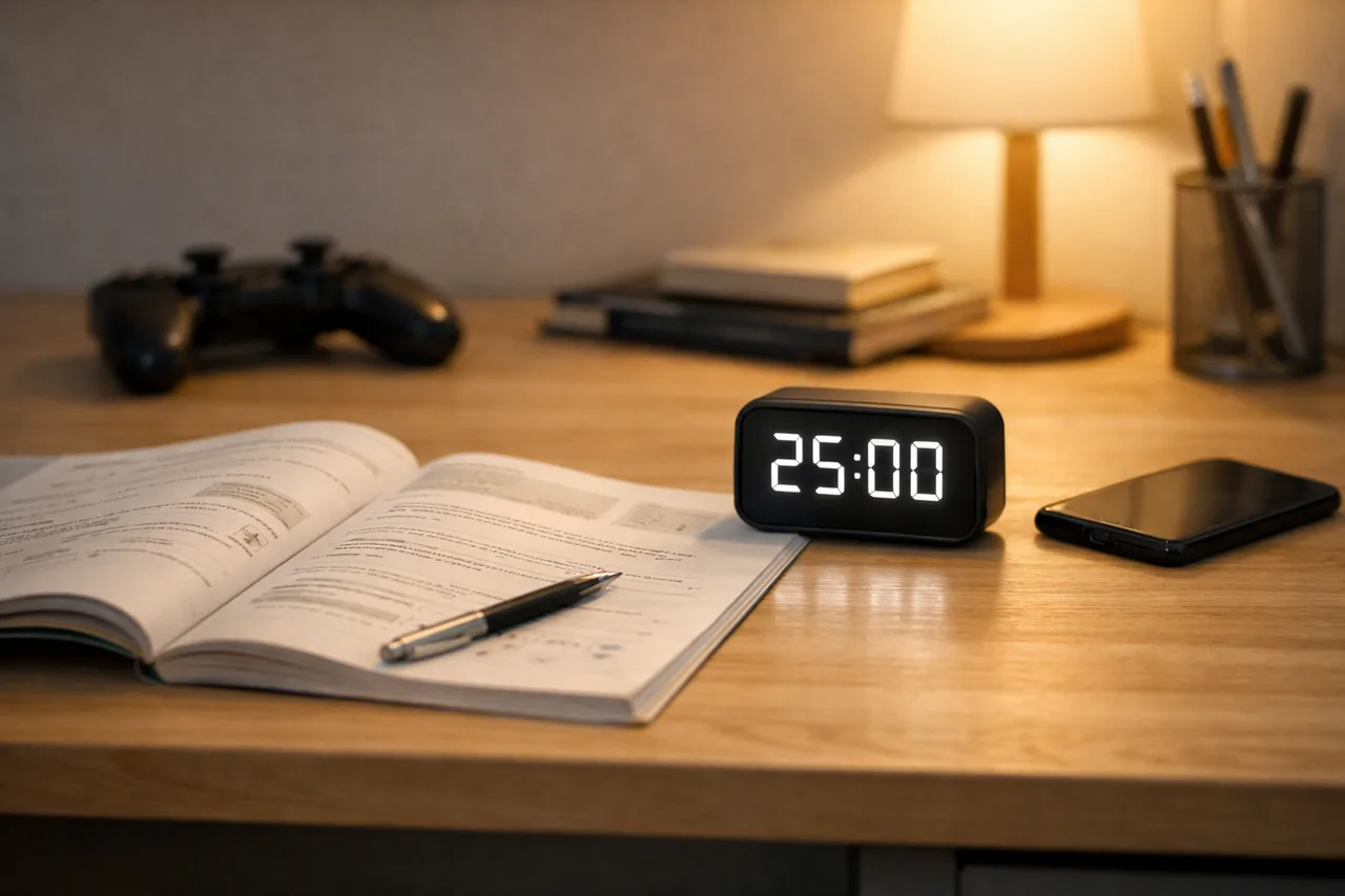 Un bureau de devoirs avec un cahier ouvert, une manette posée à distance et un minuteur affichant 25 minutes.