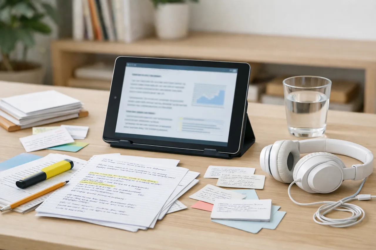 Un espace de révision avec tablette, notes manuscrites et cartes mémoire sur un bureau clair.
