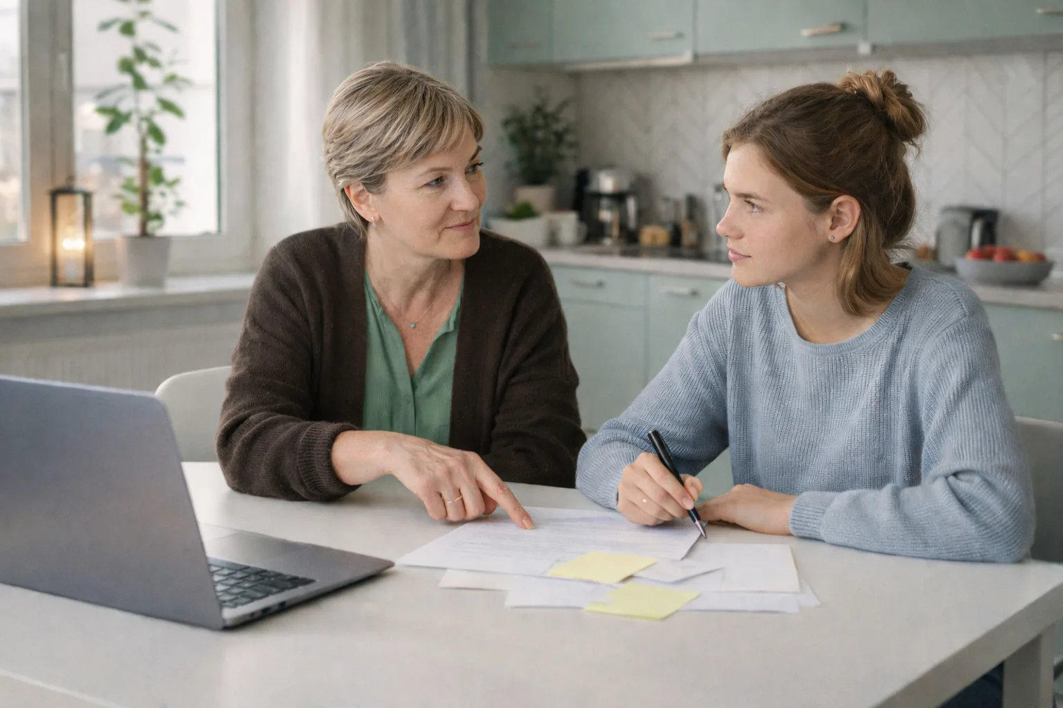 Ein Elternteil und ein Jugendlicher sitzen zu Hause mit Laptop und Notizen am Esstisch und besprechen ruhig Möglichkeiten für Ausbildung oder Studium.