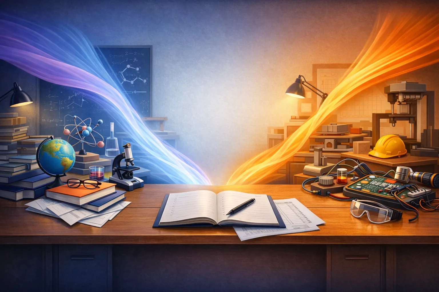 Deux trajectoires de lycée partent d’un même bureau de seconde, avec un bulletin relégué au second plan.