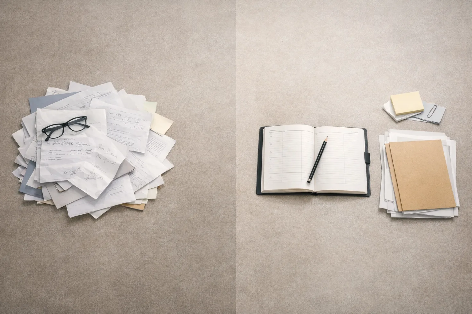 Des documents scolaires passent visuellement d’un léger désordre à un tri clair autour d’un agenda ouvert.
