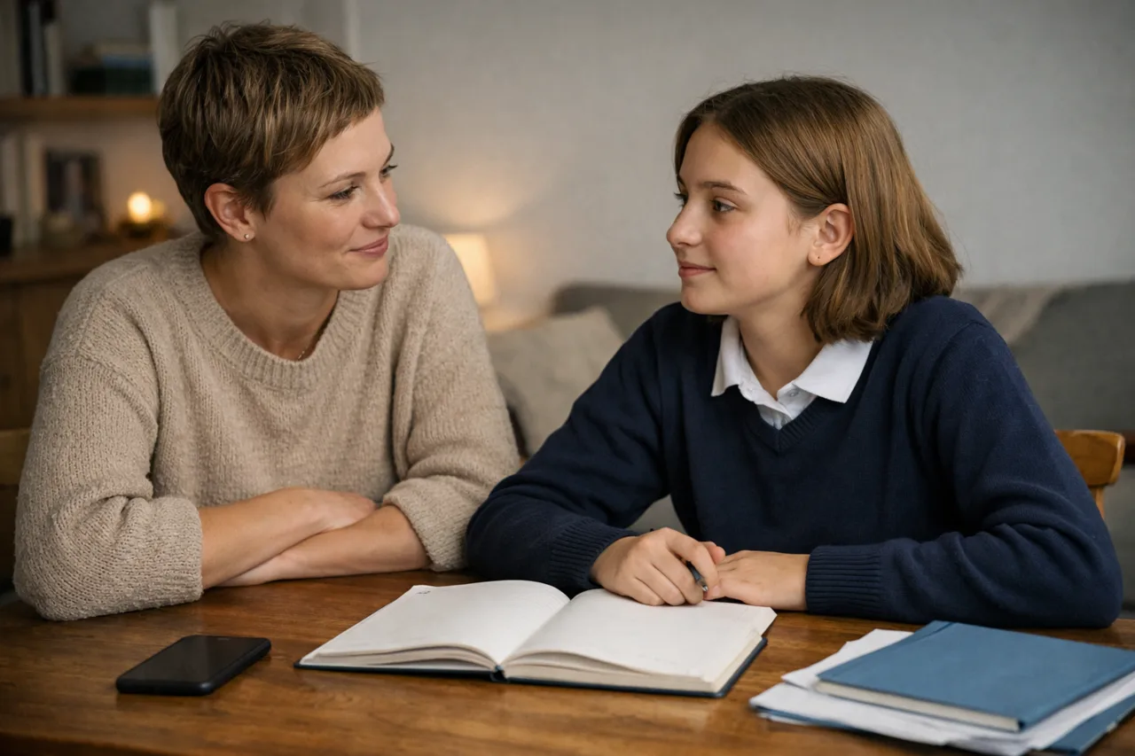 A parent and teenager talk calmly at a table with an open notebook while a phone is set face down beside them.