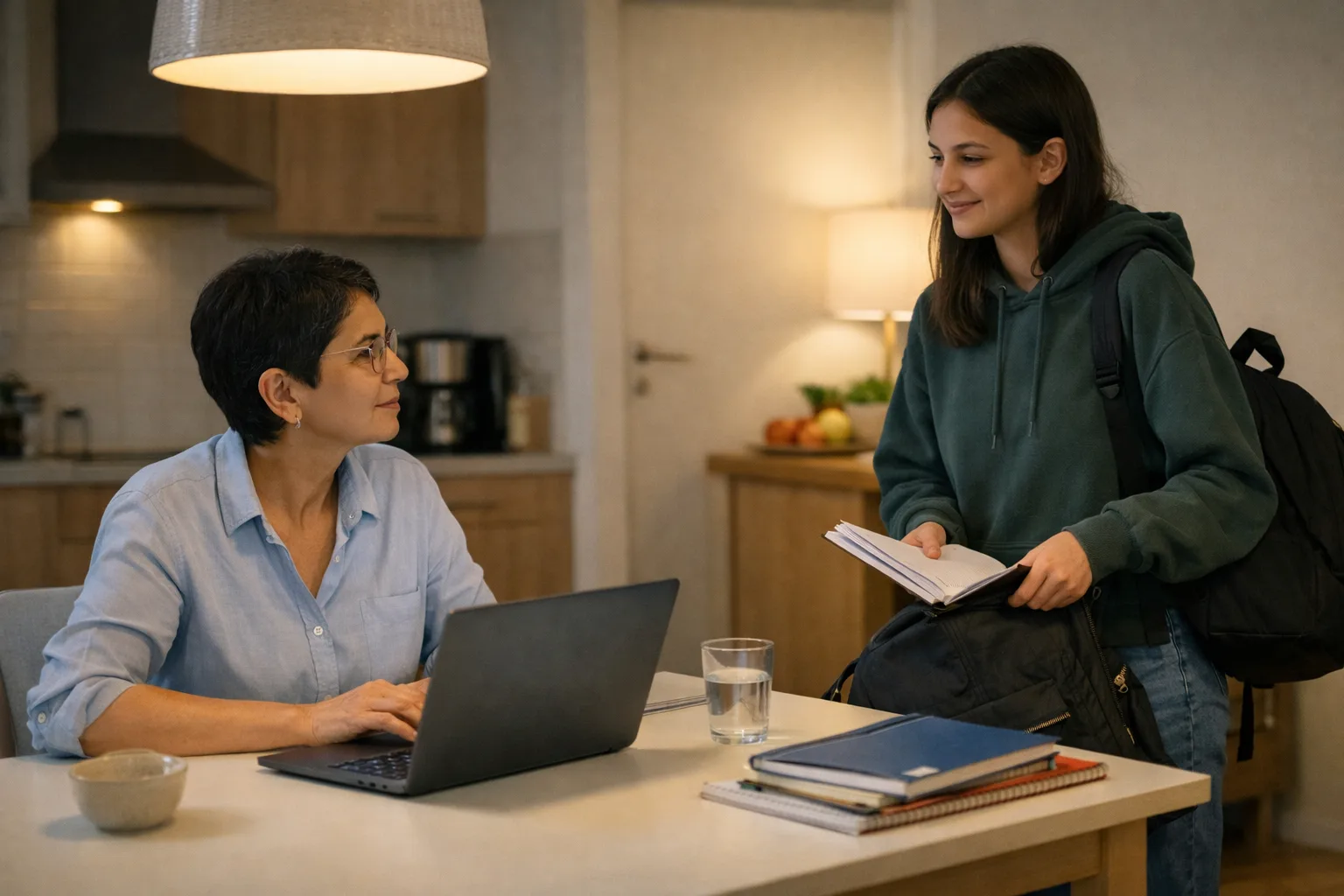 Un parent consulte brièvement un portail scolaire sur un ordinateur à la table familiale pendant qu’un adolescent prépare ses affaires dans une ambiance calme.