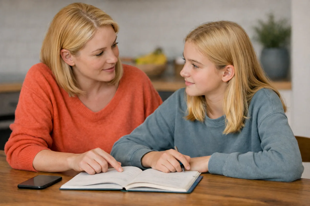 Un parent et un adolescent parlent calmement d’un point scolaire à table, avec un téléphone mis de côté et un cahier ouvert.
