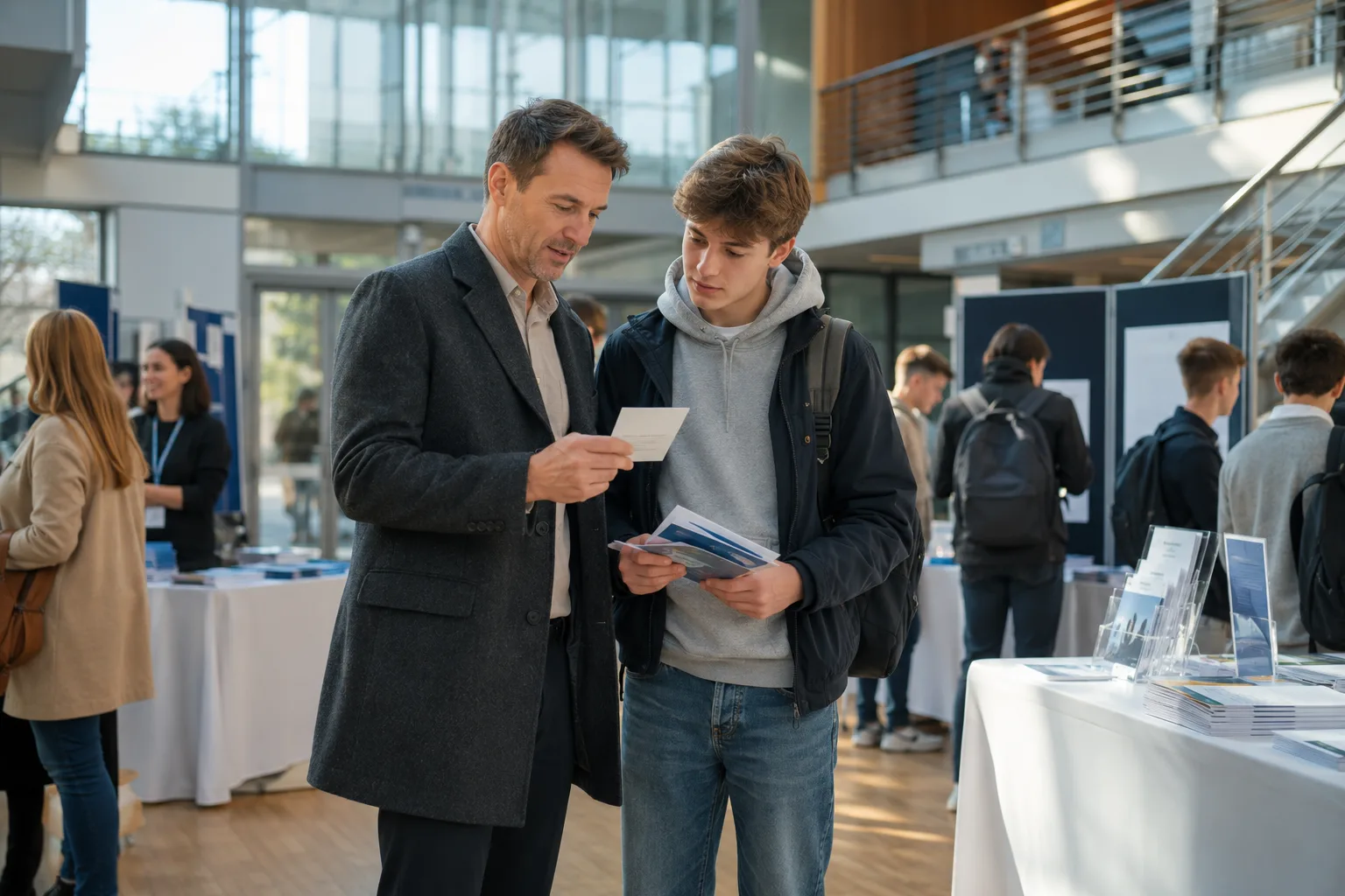 A parent and teenager pause at a busy school careers fair to review questions and brochures.