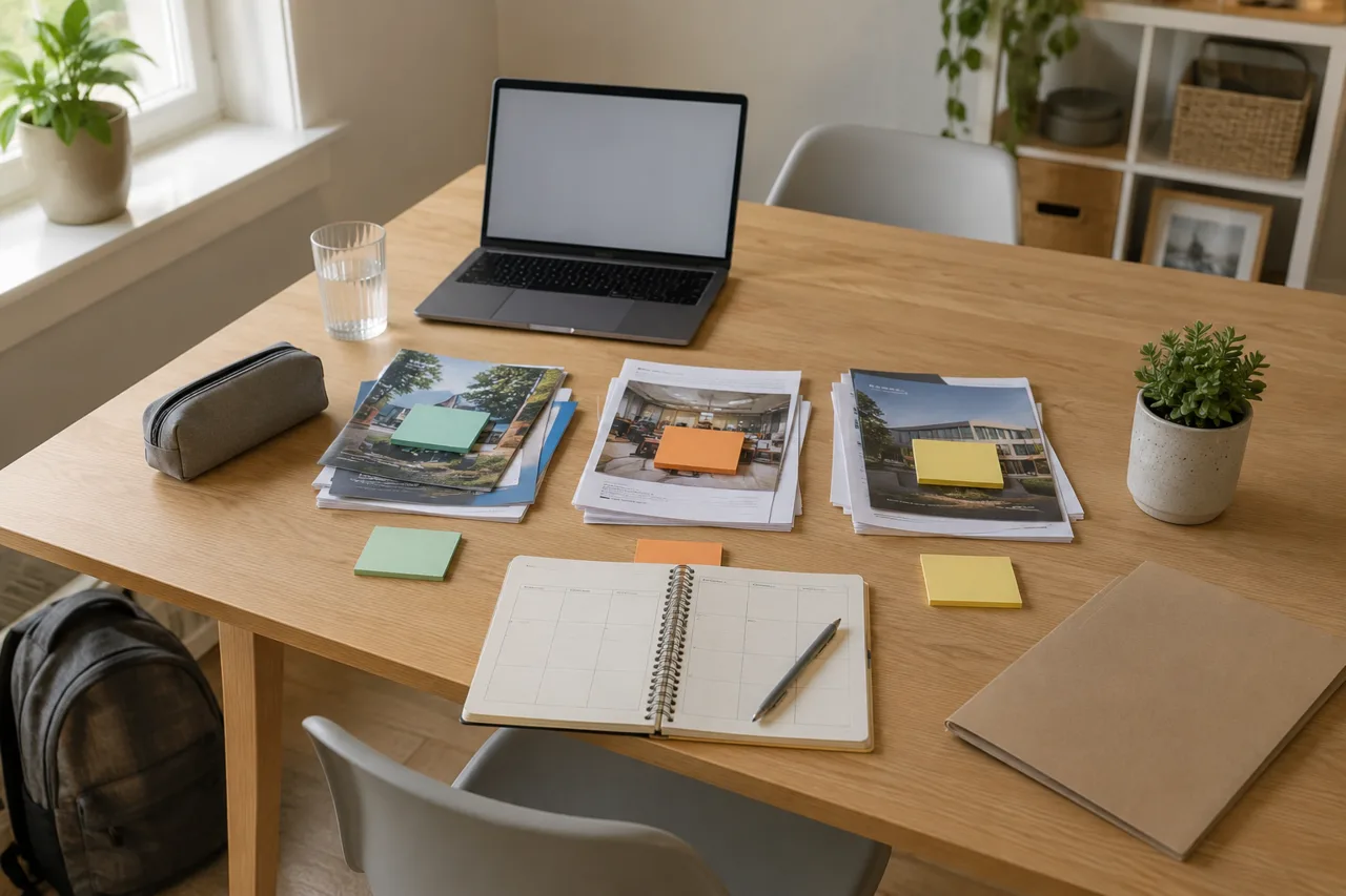 Brochures and notes from a careers event sorted into tidy piles on a family table.
