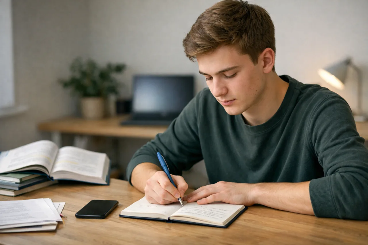 A student writing a short note while the textbook is set aside.