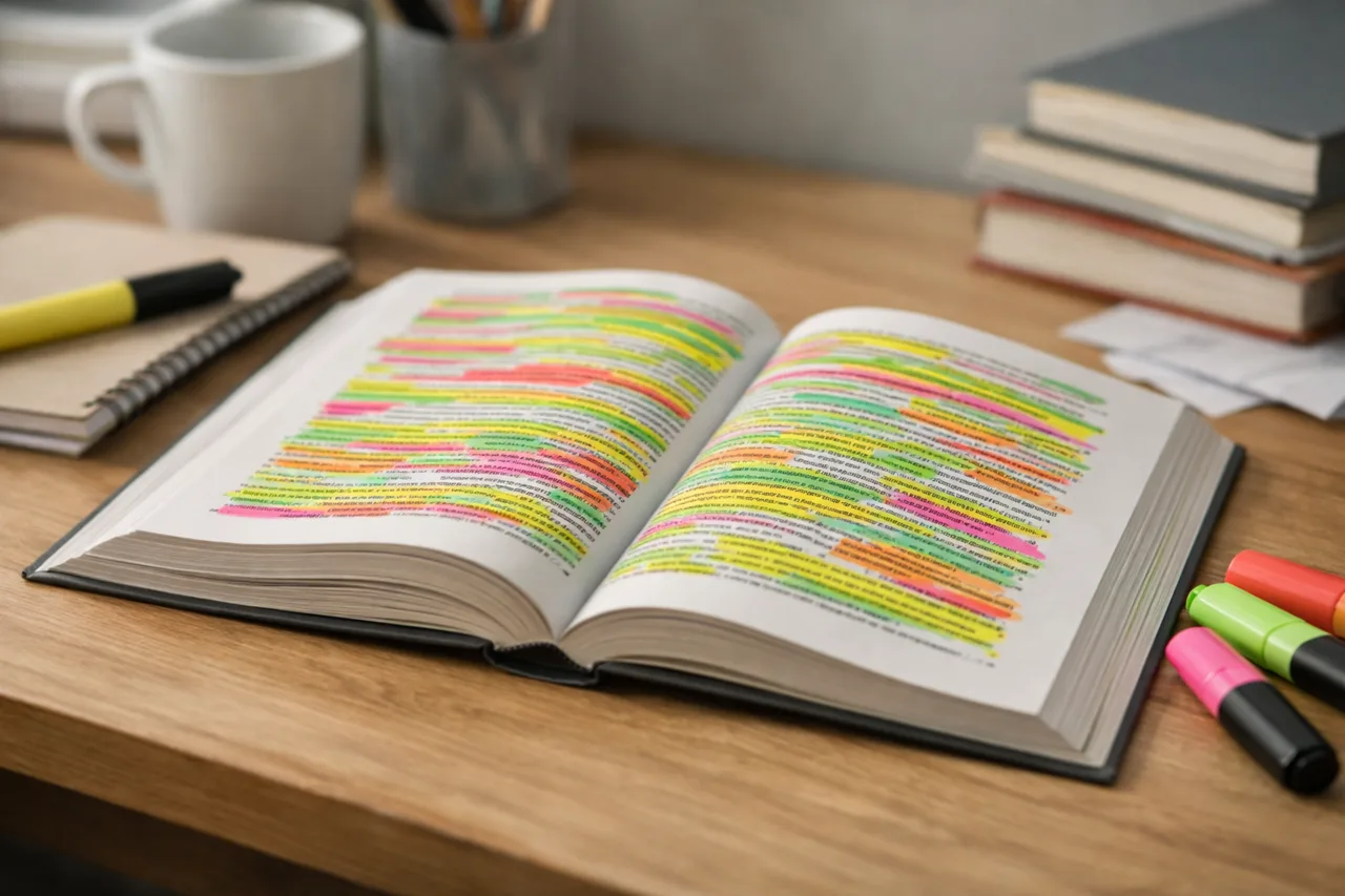 A textbook page heavily highlighted in multiple colours on a study desk.