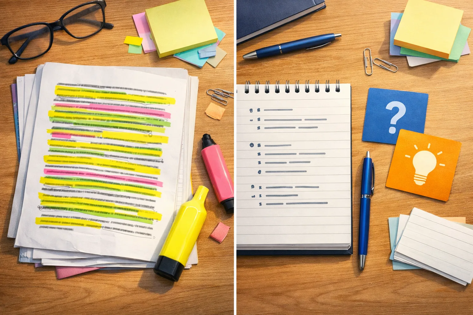 Une page surlignée fait face à une note courte structurée et à deux cartes-question sur une surface d’étude.