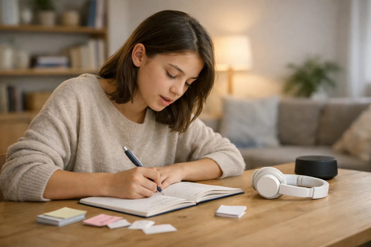 Un adolescent fait une courte révision de langue vivante à la maison, cahier ouvert et écouteurs à portée de main.