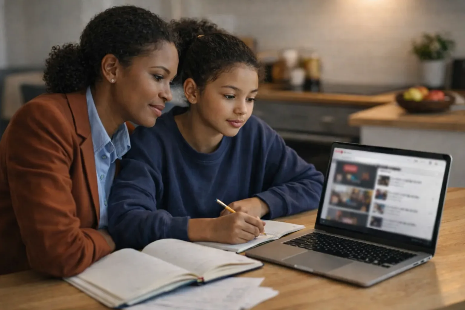 A parent and a teenager look at a laptop together with an open notebook and revision papers on the table.