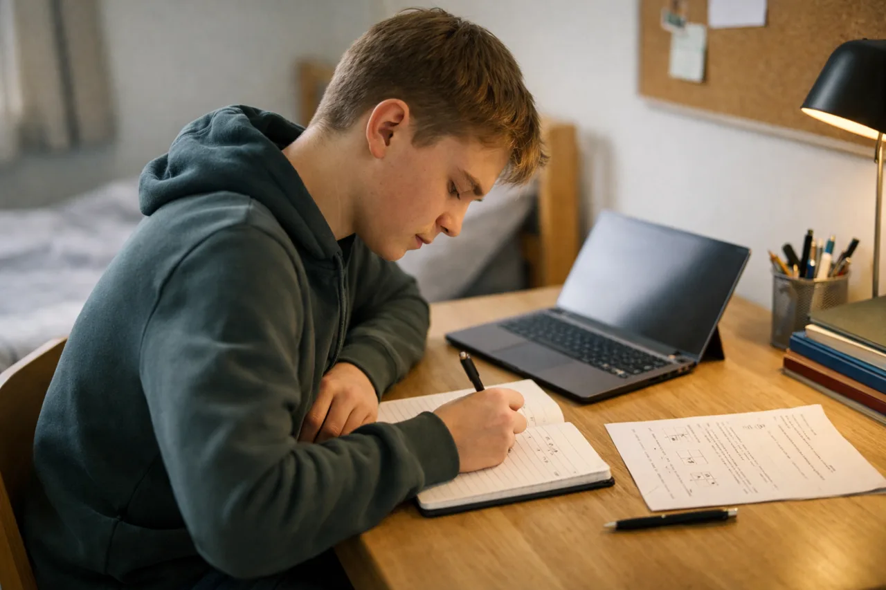 A teenager writes from memory in a notebook beside a pushed-back laptop and a worksheet.