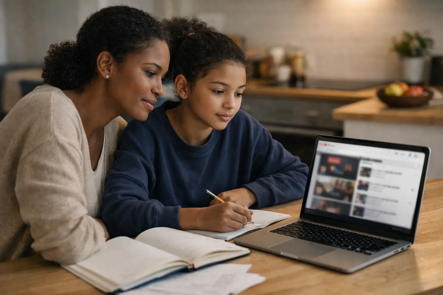 Un parent et un adolescent regardent ensemble un ordinateur portable avec un cahier ouvert pour choisir une vidéo de révision utile.