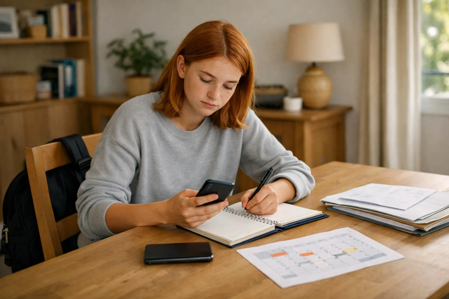 Un élève de 3e prépare une relance de stage à une table de travail avec téléphone, carnet et dates repérées.