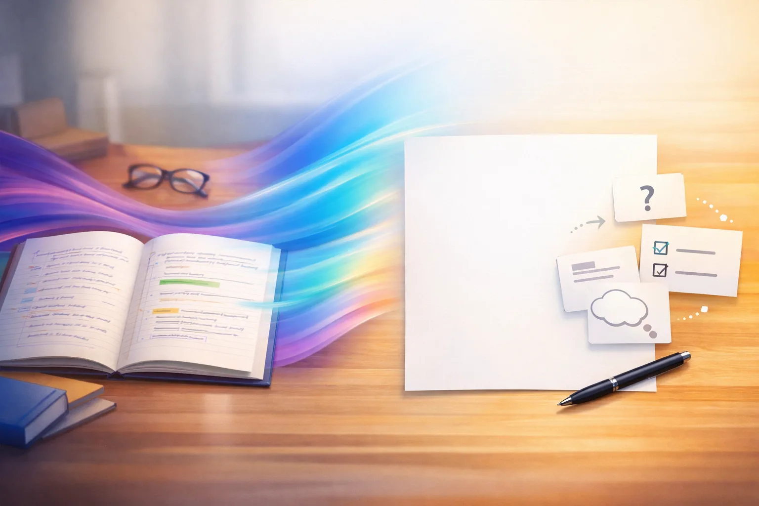 Un cours ouvert se transforme visuellement en feuille blanche d’auto-test avec quelques cartes-question non lisibles.