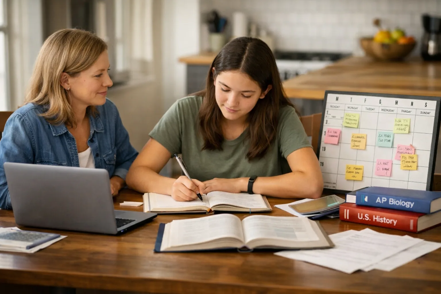 High school student planning AP exam study time while keeping up with regular school assignments at home.