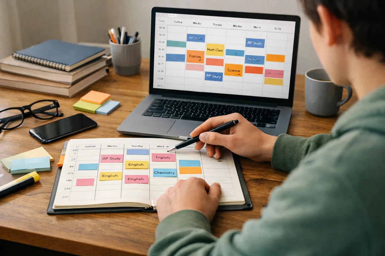 Student organizing a weekly AP study plan that also leaves time for regular classes.