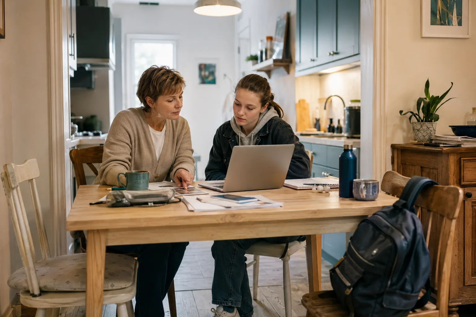 A parent and teenager discuss post-16 study options at a home table with papers and a laptop.