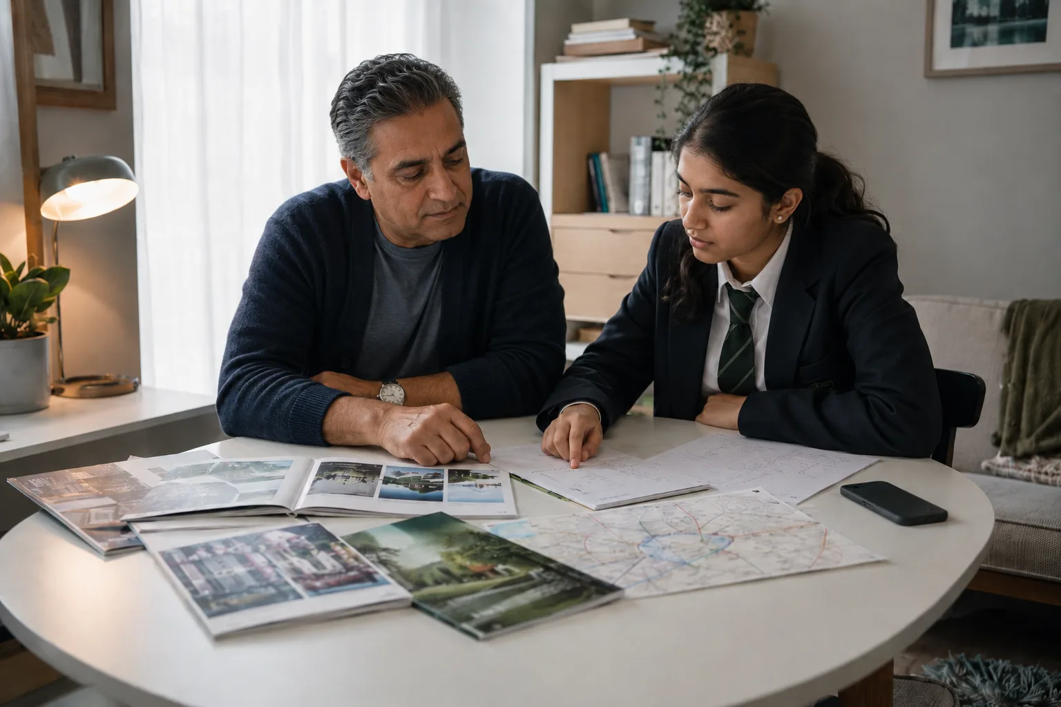 A parent and teenager compare sixth-form options together at a family table.