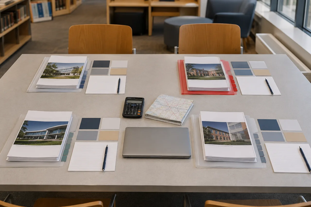 A table arranged with school option notes, subject cards, a calculator and a commute map.