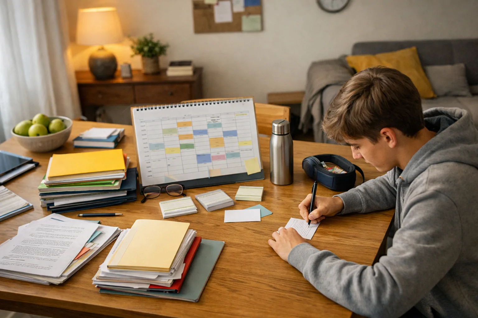 Espace de révision réaliste au début d’un planning de huit semaines, avec cours triés, cartes de rappel et agenda hebdomadaire dans un intérieur sobre.