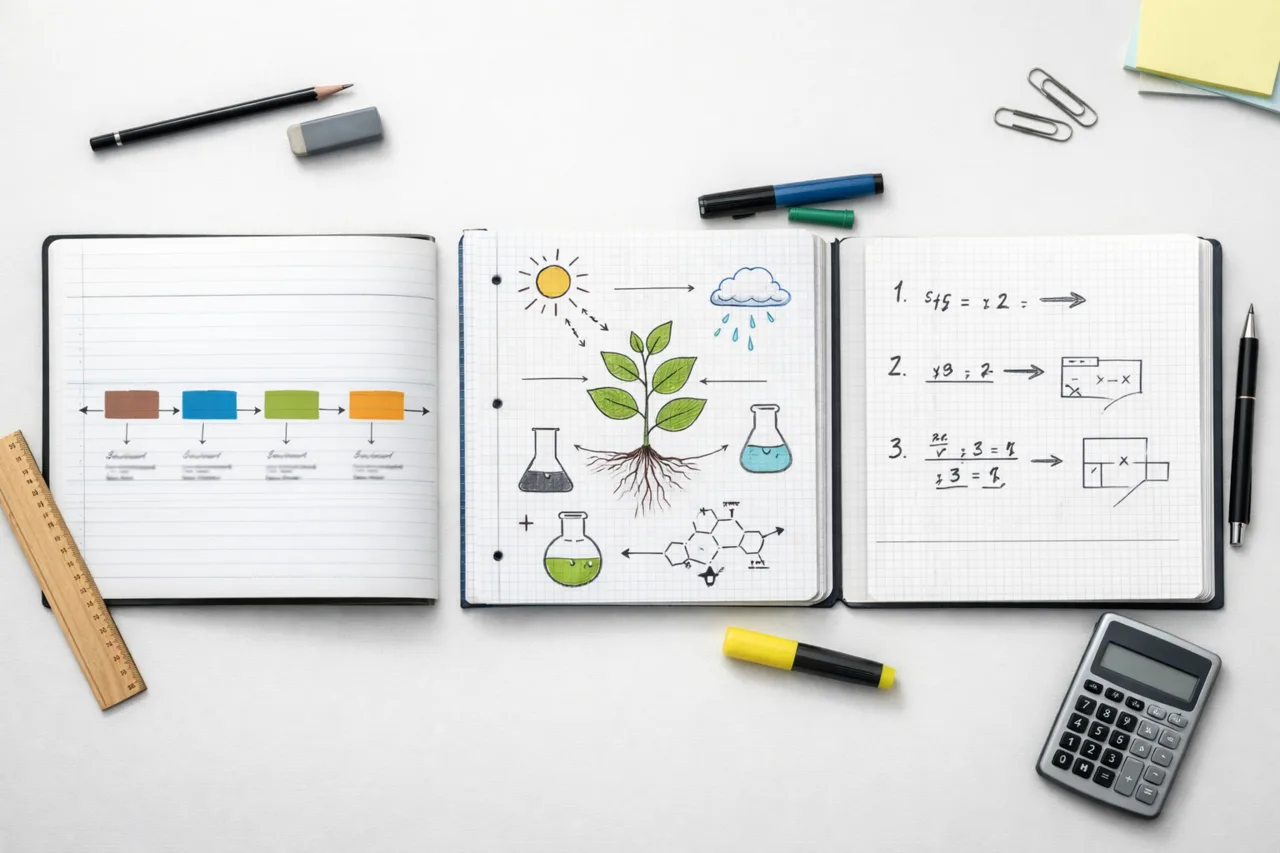 Draufsicht auf drei unterschiedliche Notizformate: eine Zeitleiste, eine naturwissenschaftliche Skizze und ein Mathematikblatt mit nummerierten Schritten.