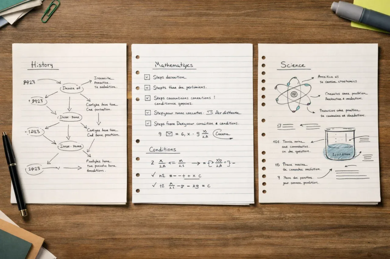 Different note formats on a desk: a timeline, a science diagram, and a maths method sheet.