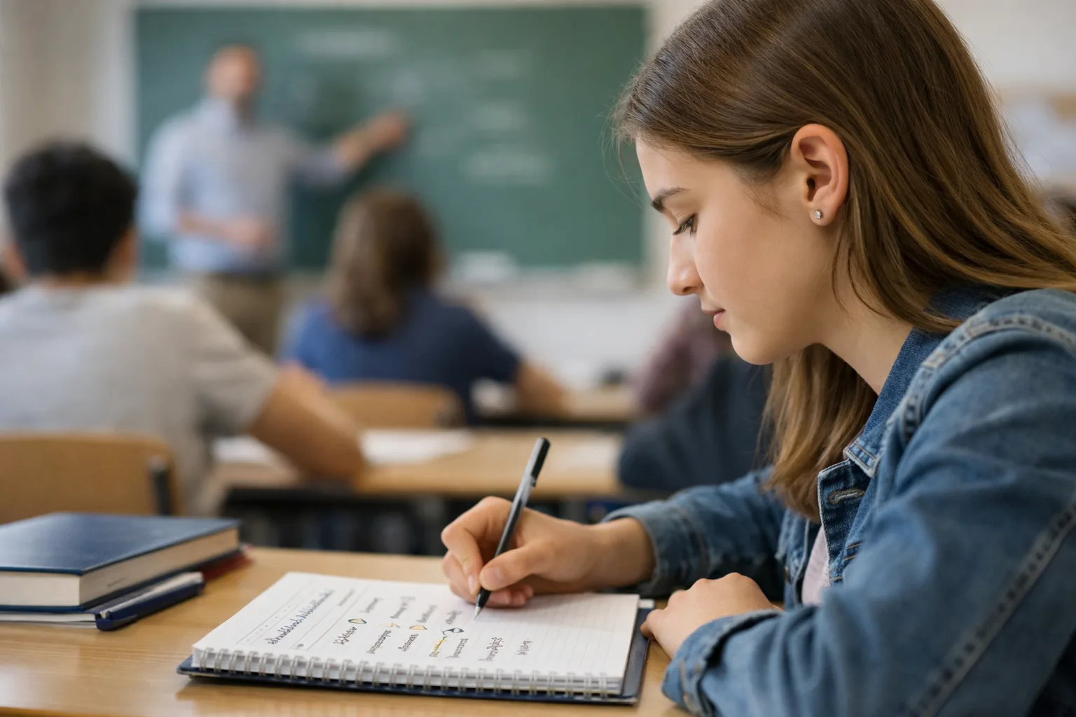 Ein Elternteil und eine jugendliche Person betrachten ein Schulheft mit einer dicht abgeschriebenen Seite und einer klar gegliederten Seite mit Stichwörtern und Pfeilen.