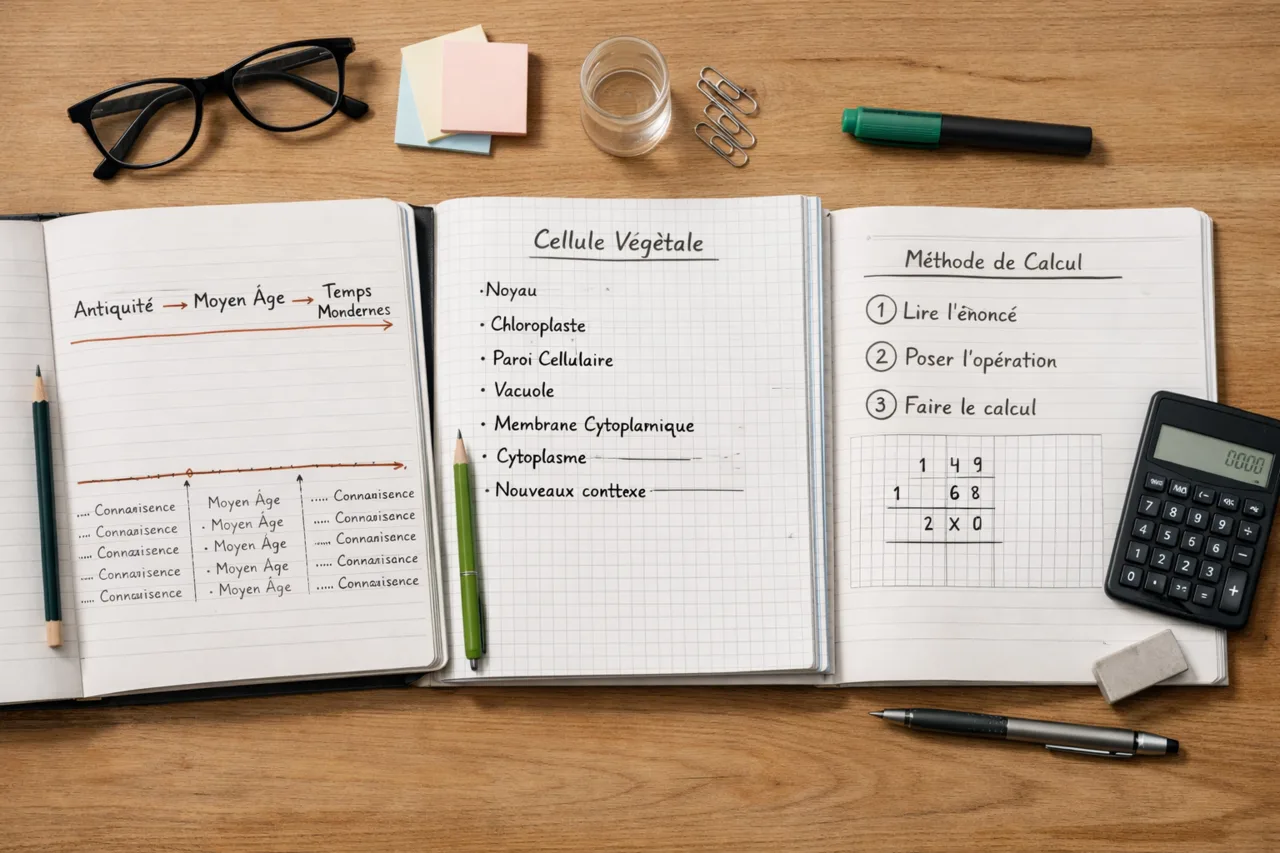 Vue de dessus de trois formats de notes scolaires : une frise d’histoire, un schéma de sciences et une fiche de méthode de mathématiques.