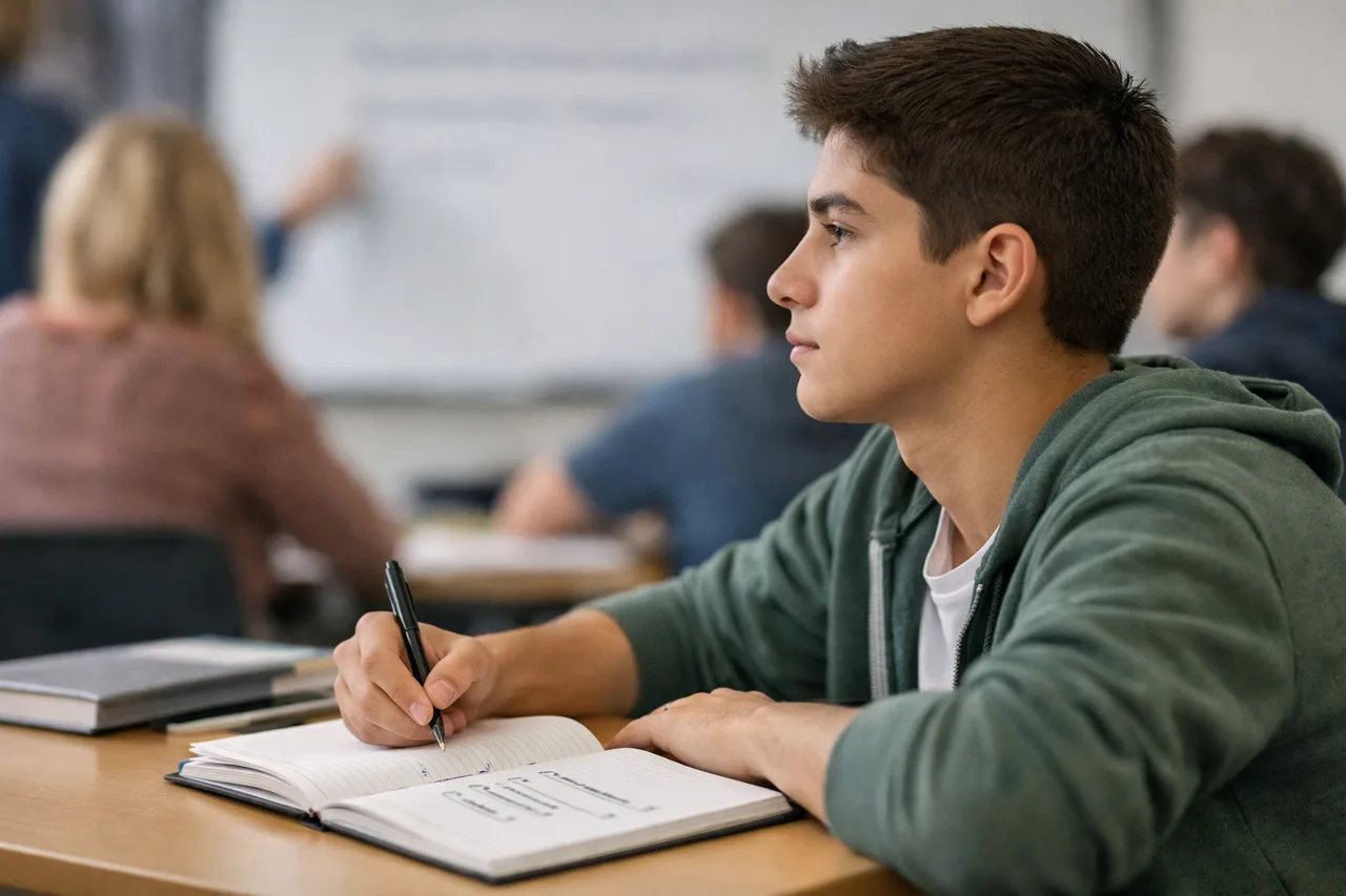 Im Unterricht schreibt eine jugendliche Person knappe, gegliederte Stichwörter in ein Heft, während der Blick weiter zur Lehrkraft geht.