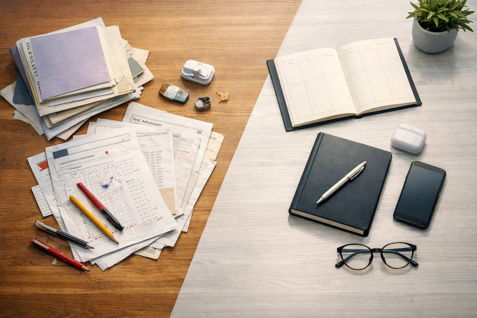 Split study-desk composition with worn test materials on one side and a simpler future plan on the other, symbolising the choice between retaking a test and moving on.