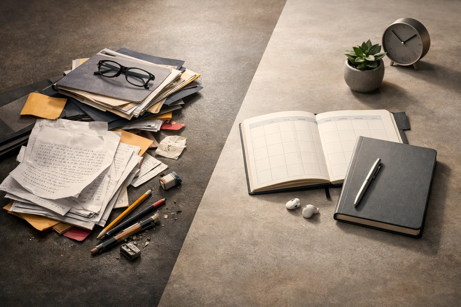 Composition de bureau avec d’un côté des supports de test usés et de l’autre un plan de travail plus épuré, pour symboliser le choix entre refaire un test et passer à autre chose.