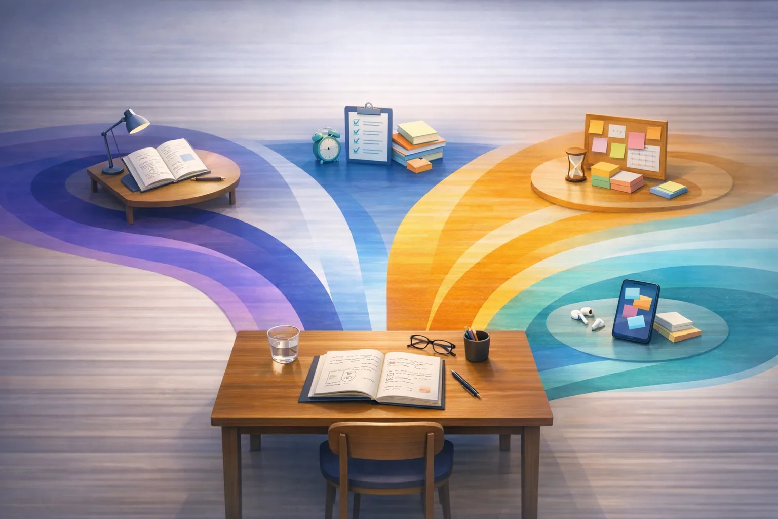 Un bureau d’étude stylisé se divise en quatre pistes visuelles représentant cours particuliers, aide aux devoirs, coaching scolaire et appli de révision.