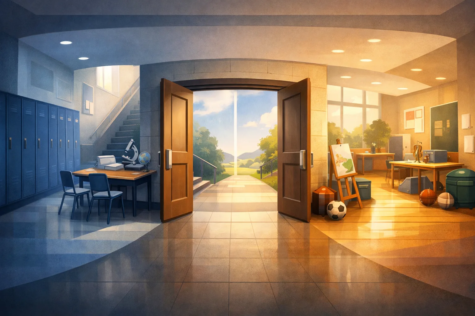 Conceptual image of one school entrance leading into two different but equally credible secondary-school pathways.